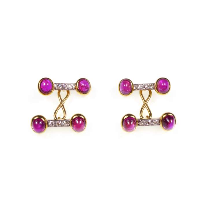 Pair of cabochon ruby and diamond cufflinks by Tiffany